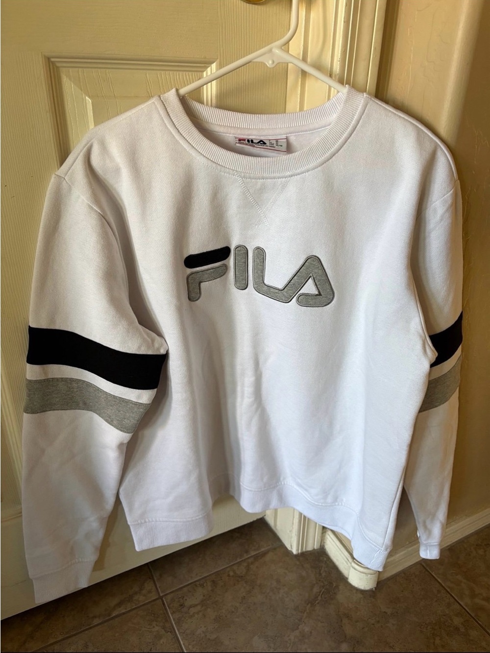 Women’s Fila White Crewneck Sweatshirt with Striped Sleeves
